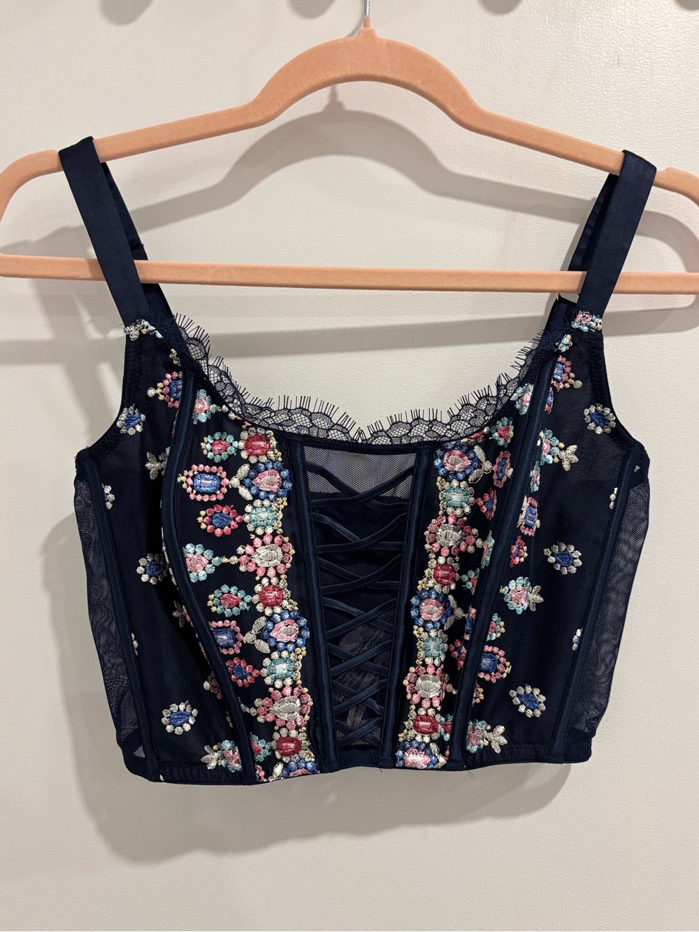 Victoria’s Secret Small/DD Navy Floral Embroidered Eyelash Lace Corset Bra